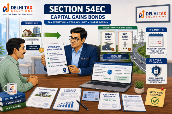 CA explaining Section 54EC capital gains bonds, ?50 lakh investment limit, 6-month reinvestment period and 5-year lock-in for property sellers