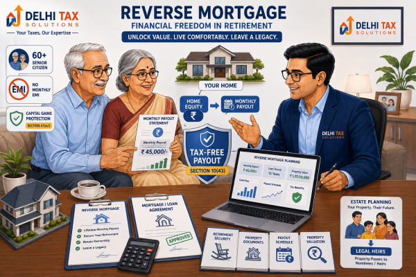Illustration explaining tax-free reverse mortgage payouts for senior citizens under Section 10(43), with capital gains protection and retirement property planning.