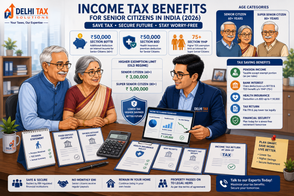 Income tax benefits for senior citizens in India showing Section 80TTB, Section 80D, higher exemption limits and Section 194P ITR filing relief.