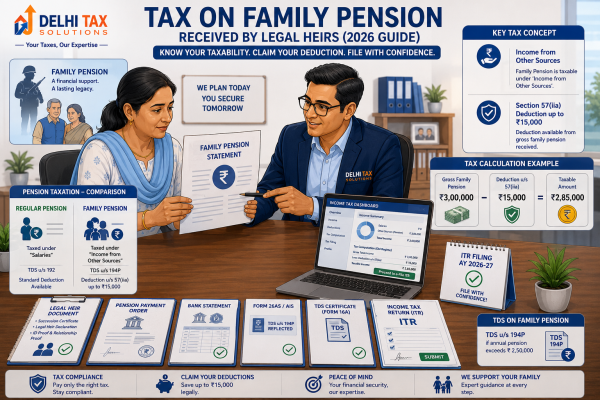 Tax on family pension received by legal heirs showing Income from Other Sources and Section 57(iia) deduction up to ?15,000.
