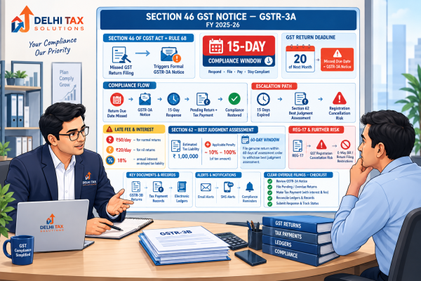 Indian Chartered Accountant explaining Section 46 GST notice and GSTR-3A, 15-day response period, late fees, Section 62 assessment and GST registration cancellation risk