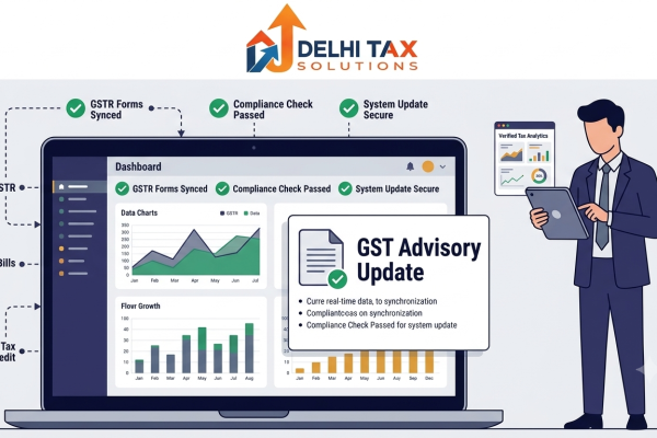 A clean digital illustration showing a comprehensive tax dashboard on a laptop. The screen features charts, data for GSTR, E-way Bills, and Input Tax Credit, and a 'GST Advisory Update' card[cite: 1]. A male tax advisor in a suit is reviewing analytics on a tablet next to the laptop, labeled 'DELHI TAX SOLUTIONS' at the top[cite: 1].