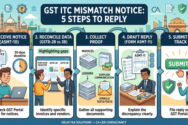 A Chartered Accountant's desk showing a laptop with GST portal reconciliation charts, ledgers, and a calculator, representing ITC mismatch resolution.