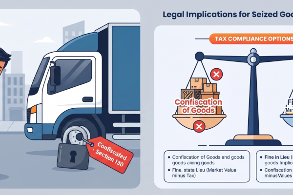 2D flat vector illustration of a confiscated delivery truck next to an infographic detailing Section 130 GST rules and fine calculations.