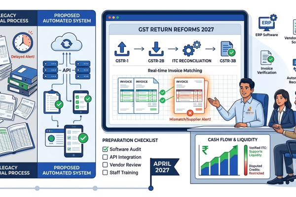 Indian Chartered Accountant explaining GST return reforms, GSTR-1 and GSTR-2B reconciliation, input tax credit matching, ERP integration and supplier compliance for 2027
