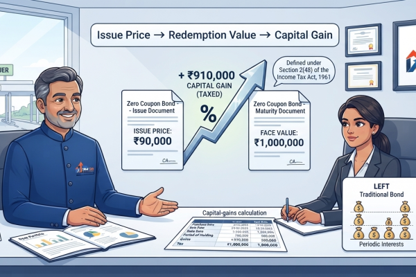 Indian investor discussing Zero Coupon Bond taxation, Section 2(48), capital gains, and redemption value with a Chartered Accountant