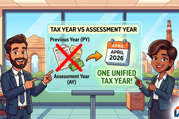 A friendly cartoon illustration of a modern New Delhi accounting office featuring two cheerful professionals pointing at a digital display. The screen illustrates the transition from the old "Assessment Year" and "Previous Year" labels to a single, unified "Tax Year" starting April 1, 2026, with the Delhi Tax Solutions logo in the corner.
