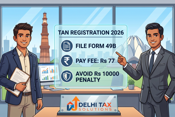 A cartoon illustration of an Indian startup founder and a tax advisor reviewing the TAN registration online process on a transparent digital checklist, highlighting Form 49B and the Rs 77 fee, with the Delhi Tax Solutions logo on the desk.