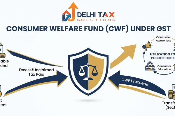 Vector infographic explaining the Consumer Welfare Fund under Section 57 of the CGST Act and unjust enrichment.