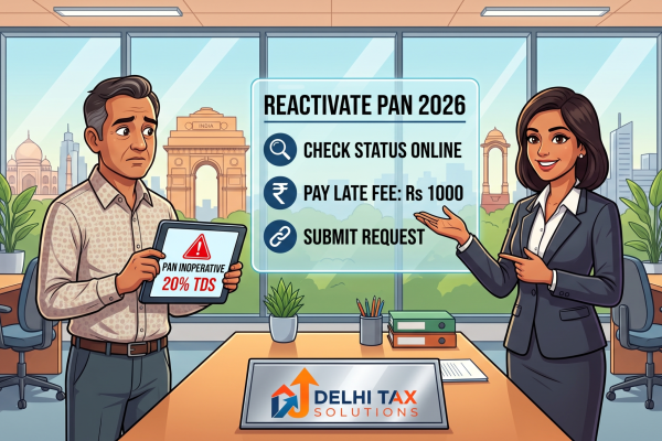 A cartoon illustration of a worried businessman looking at an inoperative PAN warning, while a cheerful tax advisor points to a digital checklist showing steps to pay the Rs 1000 fee and reactivate the PAN card, featuring the Delhi Tax Solutions logo.