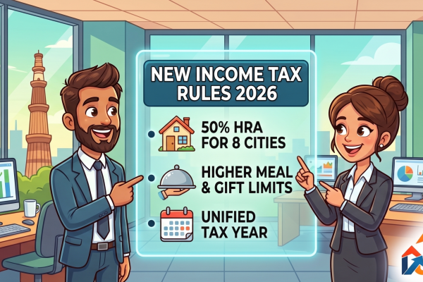 A friendly cartoon illustration of a modern New Delhi accounting office featuring two cheerful professionals. They are presenting a digital display showing key updates from the new Income-tax Rules 2026, including higher HRA exemptions for 8 cities, increased limits for meal vouchers, and the shift to a unified Tax Year. The Delhi Tax Solutions logo is positioned in the bottom corner.