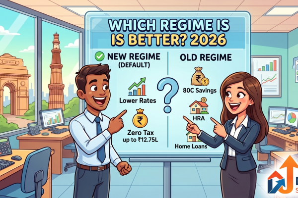 A friendly cartoon illustration of a modern New Delhi accounting office featuring two cheerful professionals analyzing a large digital display. The screen presents a split-screen comparison: "NEW TAX REGIME" showing lower tax rates and a ₹12.75L zero-tax limit, versus the "OLD TAX REGIME" showing traditional deductions like 80C and HRA, helping taxpayers decide the best strategy for 2026. The Delhi Tax Solutions logo is at the bottom right.