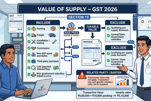 Indian Chartered Accountant explaining value of supply under GST Section 15, transaction value, packing and freight charges, trade discounts, subsidies and related-party valuation rules