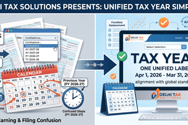 A professional vector infographic titled "Delhi Tax Solutions Presents: Unified Tax Year Simplified," illustrating the transition from a complex tax system to a simple one. The left side, under "Confusing Dual Terms" and "Earning & Filing Confusion," displays cluttered paperwork, a confusing dropdown menu, a chaotic calendar with arrows linking "Assessment Year (AY 2027-28)" and "Previous Year (PY 2026-27)," messy gears, and icons for confusing steps. A large grey arrow points to the right. The right side, labeled "UNIFIED TAX YEAR SIMPLIFIED," features a clean computer monitor with the "Delhi Tax Solutions" logo. The monitor screen shows large, bold text reading "TAX YEAR" and "ONE UNIFIED LABEL," with a specific date range of "Apr 1, 2026 - Mar 31, 2027," and "alignment with global standards." There are icons for "Faceless Assessment" and "AIS," a clean digital calendar, and neat checkmarks, symbolizing order and efficiency. The infographic has a consistent branding with blues and orange.