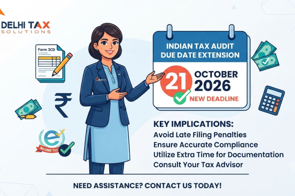 2D flat vector graphic showing extended Tax Audit Form 3CD due date of 21st October 2026 for AY 2026-27.