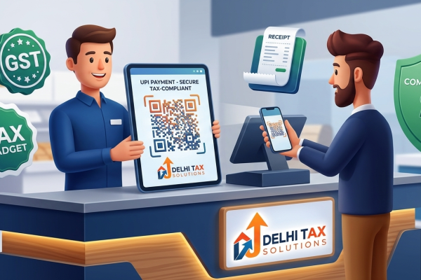3D cartoonish illustration of a cashier presenting a dynamic QR code on a POS screen for B2C GST payment.