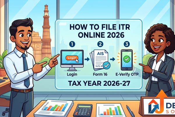A friendly cartoon illustration of a modern New Delhi accounting office featuring two cheerful professionals pointing at a digital display. The screen illustrates a simplified, step-by-step checklist for filing an Income Tax Return online for Tax Year 2026-27, featuring the Delhi Tax Solutions logo in the corner.