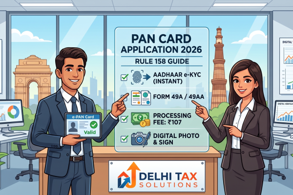A cartoon illustration of two tax advisors in a modern Delhi office, explaining the 2026 PAN card application process under Rule 158, featuring an informative checklist and the Delhi Tax Solutions logo.