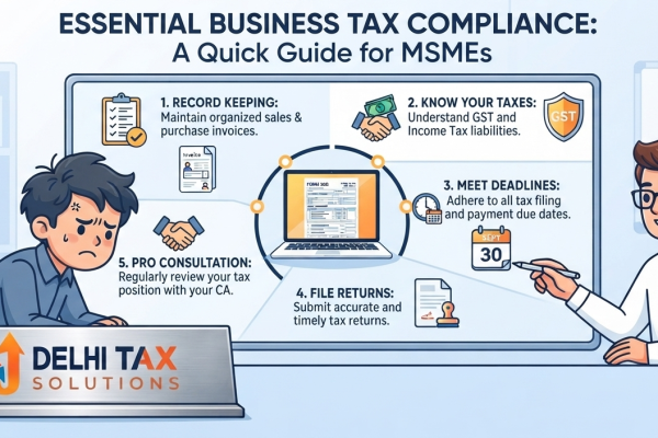 2D vector illustration of a tax professional and business owner reviewing Form 3CD changes for AY 2026-27 on a laptop.