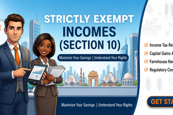 Delhi Tax Solutions infographic explaining strictly exempt incomes under Section 10 of the Income Tax Act, featuring expert tax consultation, ITR filing, capital gains analysis, farmhouse rent optimization, and regulatory compliance services.