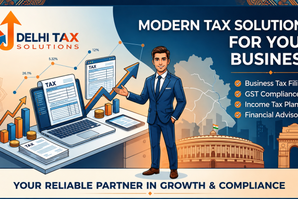 Delhi Tax Solutions banner showing corporate tax filing, GST compliance, and income tax planning services with skyline