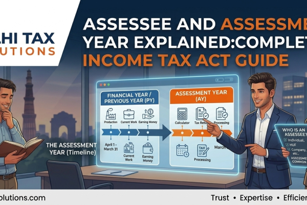 Infographic and banner guide explaining Section 2(7) Assessee definitions, Representative and Deemed Assessee, and Assessment Year vs Financial Year rules by Delhi Tax Solutions.